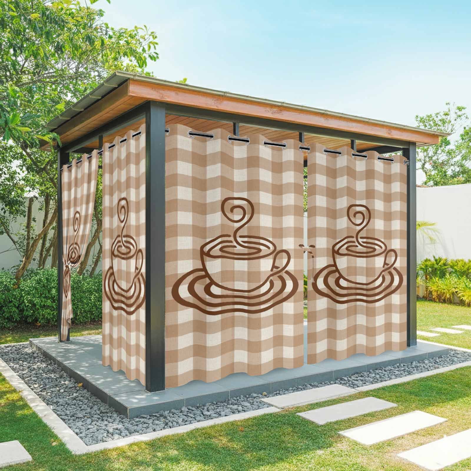 Coffee Cup Outdoor Curtains for Patio, Retro Country Brown Lines Cup Brown Plaid Sunshade Privacy Drapes Grommet Waterproof Outside Curtains for Porch/Cabana/Balcony 54"x 108", 1 Panel