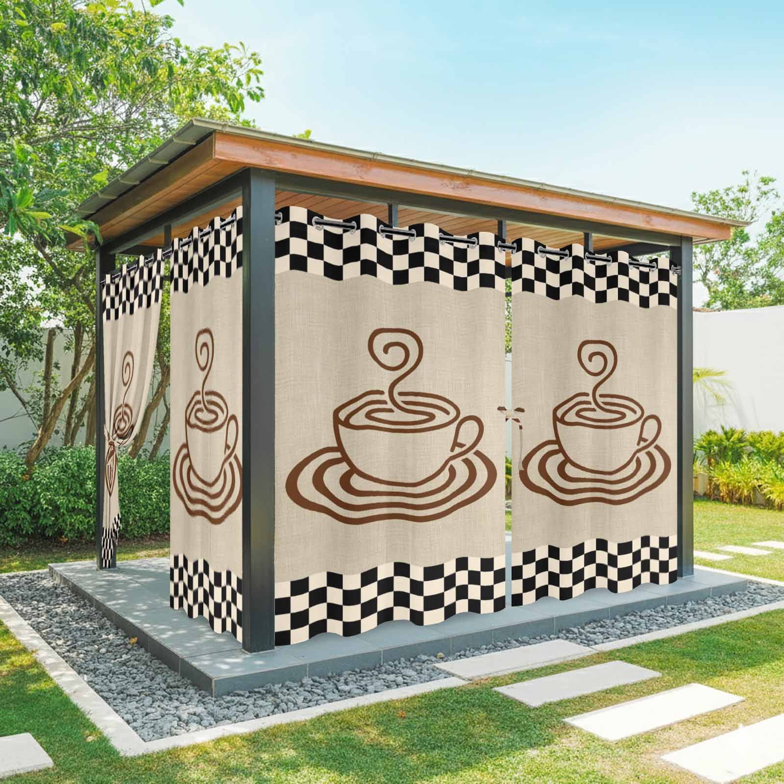 Coffee Cup Outdoor Curtains for Patio, Retro Country Brown Lines Cup Linen Black Plaid Sunshade Privacy Drapes Grommet Waterproof Outside Curtains for Porch/Cabana/Balcony 54"x 108", 1 Panel