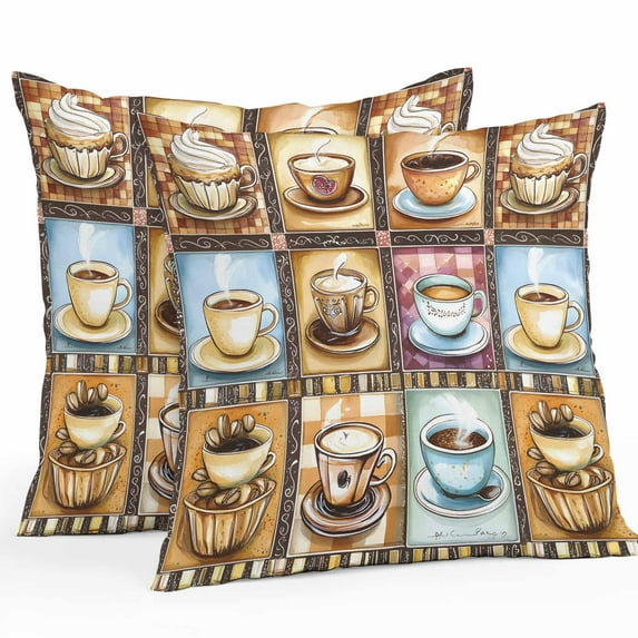 Coffee Cup Outdoor Pillow Covers Pack of 2 Theme Vintage Plaid Patchwork Farmhouse Waterproof Throw Pillow Covers Decorative Cushion Cases for Patio Garden Tent Balcony Couch 24x24 inch