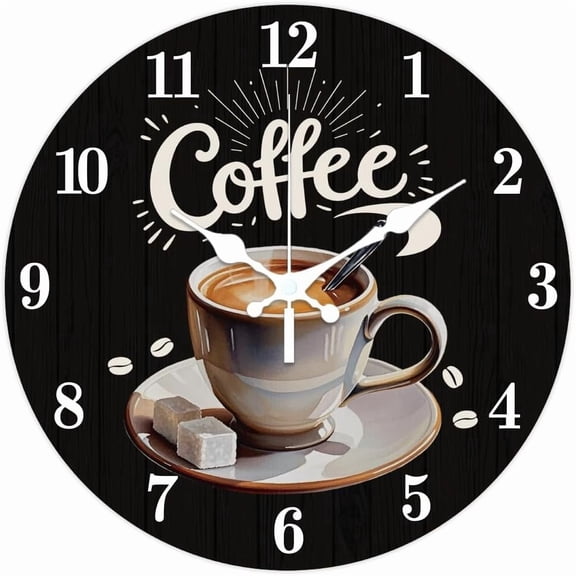 Coffee Cup Pattern Wall Clock 12 Inch Non-Ticking Coffee Text Clocks Round Wall Hanging Clock Battery Operated for DIY Bedroom Living Room Kitchen Office