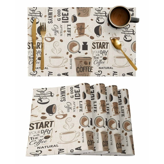 Coffee Cup Placemats Set of 6 Coffee Beans Linen Background Heat Insulation Washable Place Mats, Rustic Non-Slip Table Mats for Dining Table Party Kitchen Decor,13x19 Inch