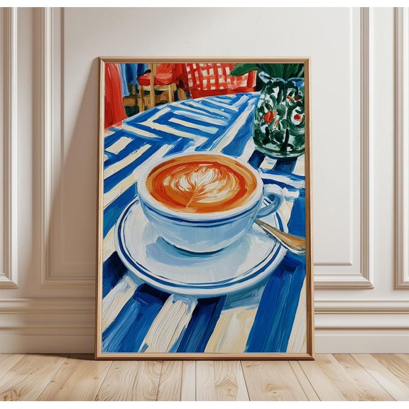Coffee Cup Poster Blue Caf Print Mediterranean Wall Art 1