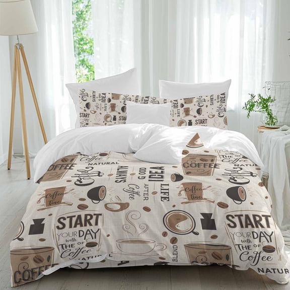 Coffee Cup Queen Size Comforter Set, Coffee Beans Linen Background Bedding for All Seasons, 4 Pcs Bed Set, 1Quiltcover (90"x92") ,1Sheet(94"x116"), 2Pillowcases (30"x20")