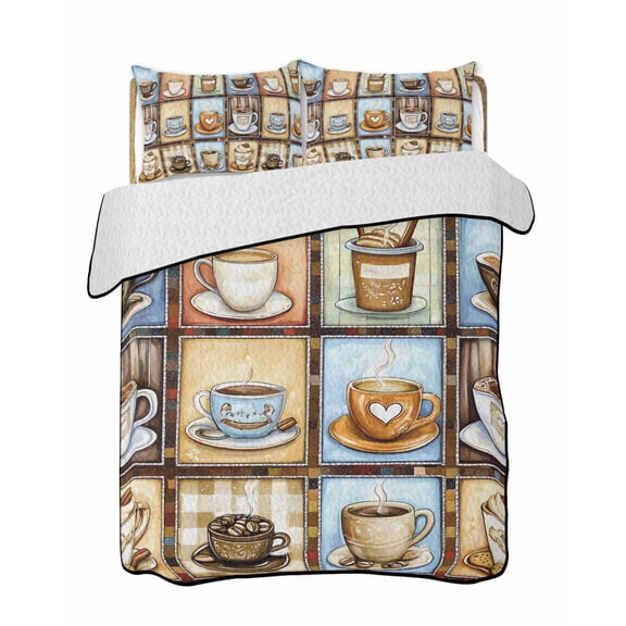 Coffee Cup Quilts Bedding Set California King Theme Retro Plaid Patchwork Farmhouse Lightweight Quilted Bedspread 3 Piece Bed Quilt with 2 Pillow Shams All Season for Bedroom 96" x 106"