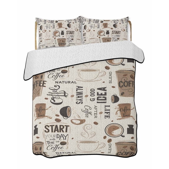 Coffee Cup Quilts Bedding Set Full Size Coffee Beans Lightweight Quilted Bedspread 3 Piece Bed Quilt with 2 Pillow Shams All Season for Bedroom 68" x 98"
