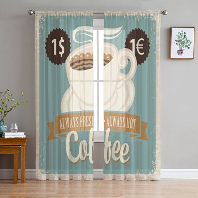 Coffee Cup Retro Style Tulle Sheer Curtains for Living Room the Room