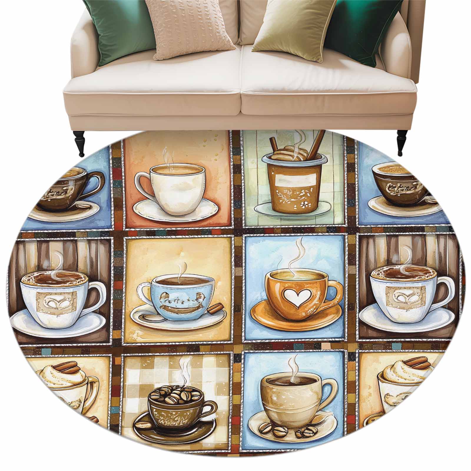 Coffee Cup Round Area Rug 6ft Theme Retro Plaid Patchwork Farmhouse Non ...