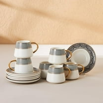 Coffee Cup Set of 6,  Small Espresso Cups with Saucers, Porcelain,  Patterns, and Handles, Ideal for Serving