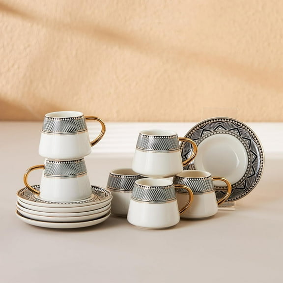 Coffee Cup Set of 6,  Small Espresso Cups with Saucers, Porcelain,  Patterns, and Handles, Ideal for Serving