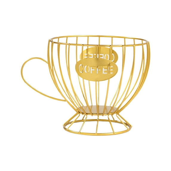 Coffee Cup Shaped Storage Basket | Metal Organizer for Coffee Pods, Tea Bags & Snacks | Golden Iron Shelf | 19x14cm (7.48x5.51in) | Space-Saving Home & Office Display