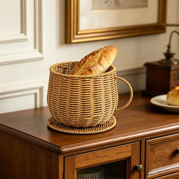 Coffee Cup Shaped Woven Storage Basket Decorative Organizer, Countertop Display Container With Handle And Base, Multipurpose Basket For Coffee Station Accessories Snacks And Sundries