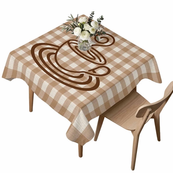 Coffee Cup Square Tablecloth Retro Country Brown Lines Cup Brown Plaid Waterproof Wrinkle Free Soft Table Cloth Spill-Proof Washable Table Cover for Dining Party Picnic 54 x 54 Inch