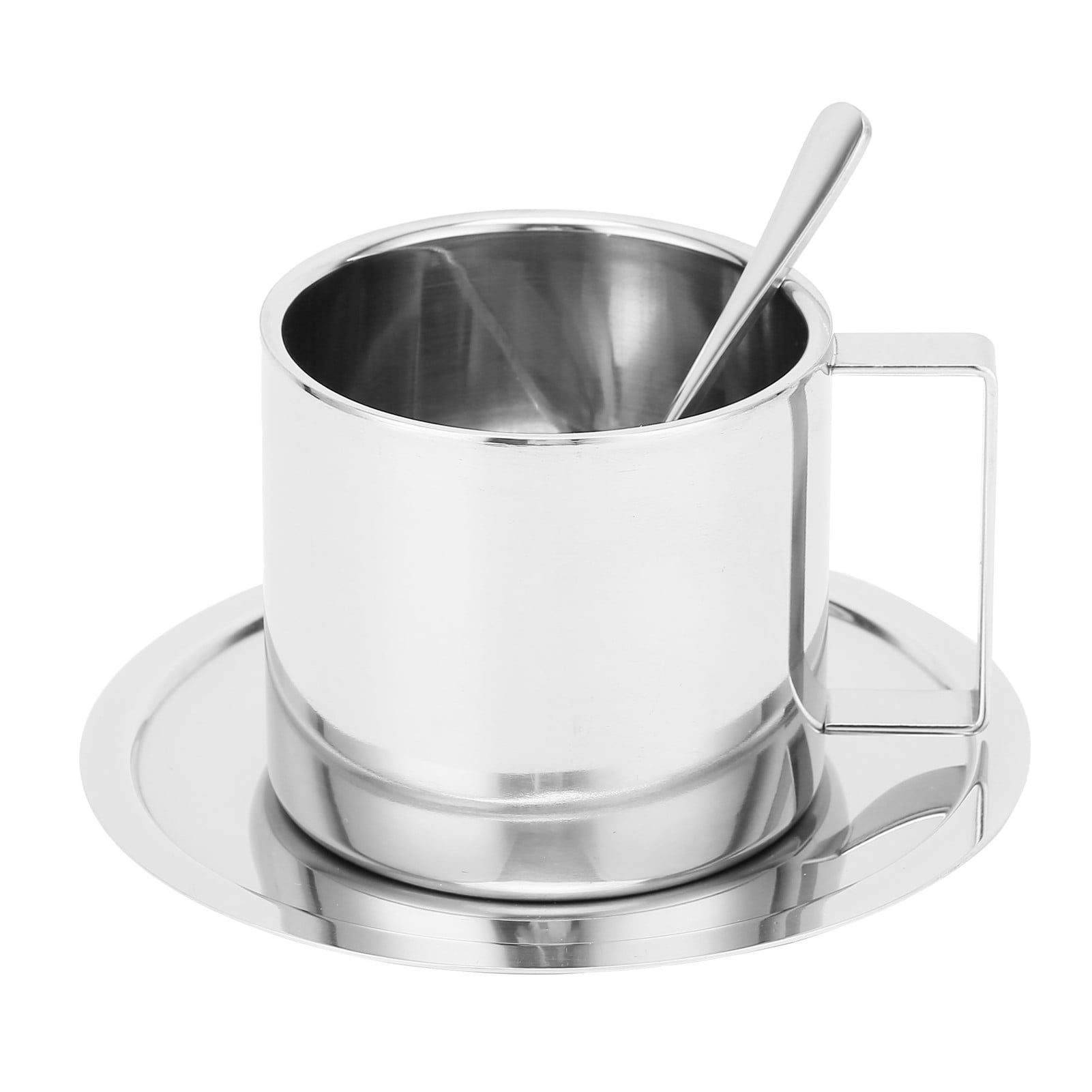Coffee Cup Stainless Steel DoubleLayer Insulation Milk Mug with Spoon Saucer Household(Silver