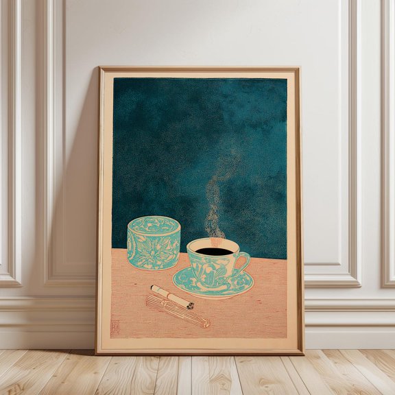 Coffee Cup Stylized Illustration Teal and Pink Tones Kitchen Art Print, Unframed Canvas 24x36in