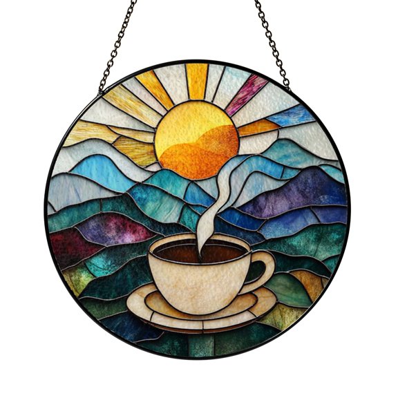 Coffee Cup Sunset Glass Suncatcher, Warm Evening Window Hanging Decor with Mountain Sunset Scene