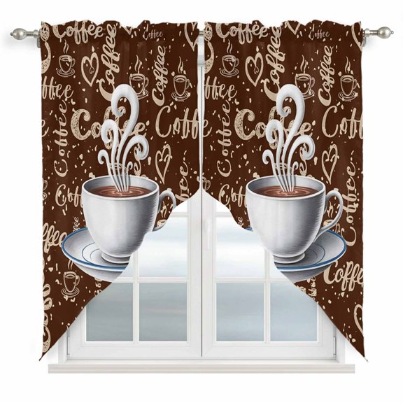 Coffee Cup Swag Valances for Windows 2 Pack Cafe Retro Dark Brown Background Vintage Swag Kitchen Curtains 36 Inches Long Rod Pocket Short Window Treatment for Kitchen Bathroom 28"x36"