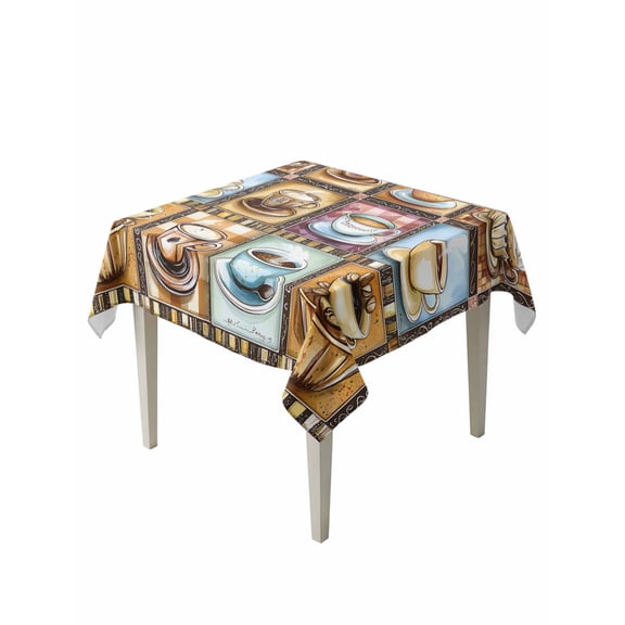 Coffee Cup Table Cloth 60x60 Inch Square, Theme Vintage Plaid Patchwork Farmhouse Waterproof Tablecloth Washable Table Cover for Party Picnic Dinner Decor