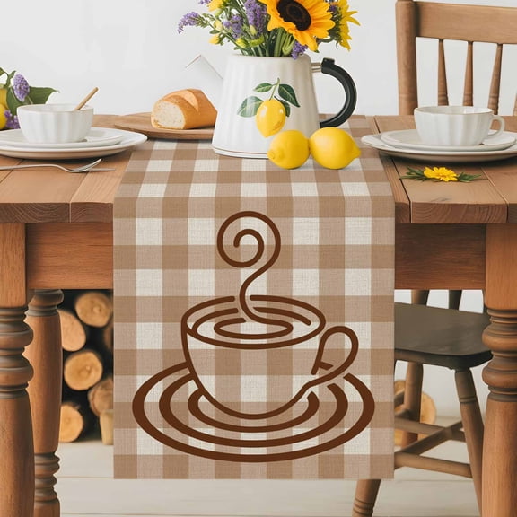 Coffee Cup Table Runner 13x36 Inch Retro Country Brown Lines Cup Brown Plaid Cotton Linen Dining Table Runner Ideal for Dresser Kitchen Coffee Tables - Machine Washable