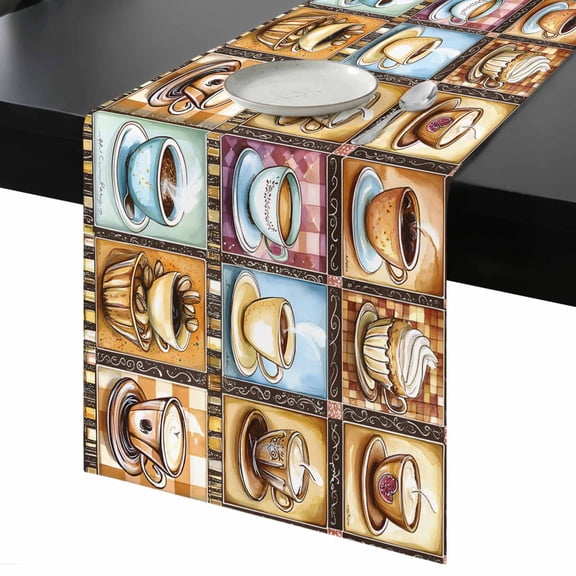 Coffee Cup Table Runner 13x36 Inch Theme Vintage Plaid Patchwork Farmhouse Table Runner Non-Slip Dresser Scarves for Holiday Decorations, Party, Dinner and Gatherings, 1 Pack