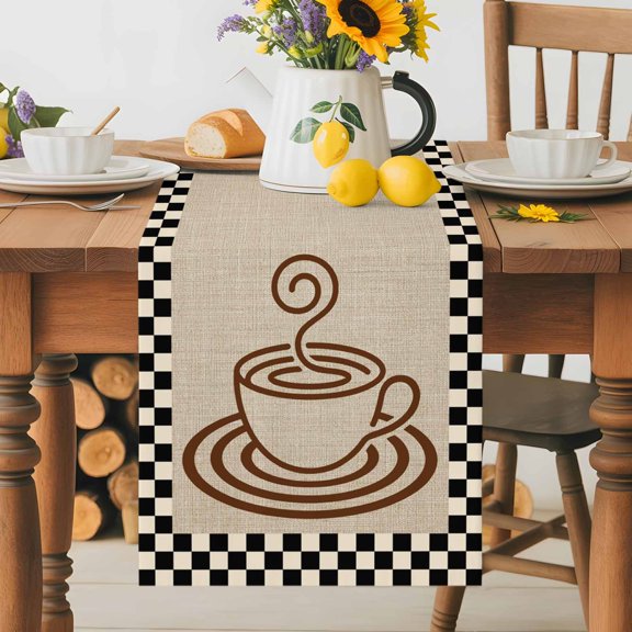 Coffee Cup Table Runner 18x72 Inch Retro Country Brown Lines Cup Linen Black Plaid Cotton Linen Dining Table Runner Ideal for Dresser Kitchen Coffee Tables - Machine Washable