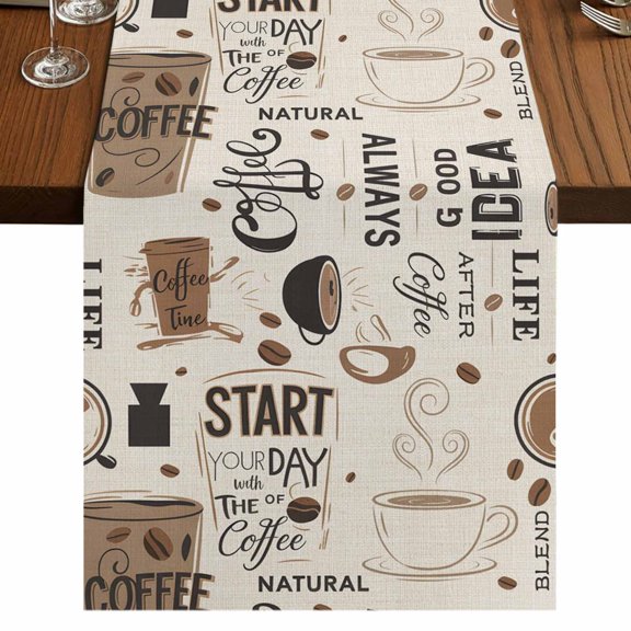 Coffee Cup Table Runner 48 Inches Long, Coffee Beans Cotton Linen Dining Table Runner Dresser Scarves for Home Kitchen Party Decor 13"x48"