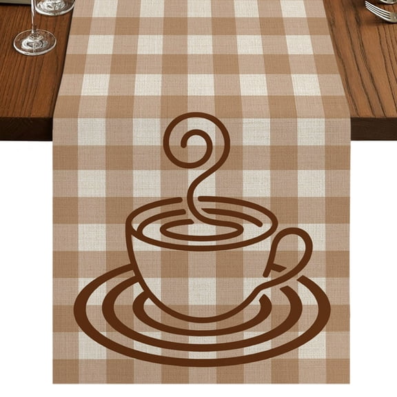 Coffee Cup Table Runner 48 Inches Long, Retro Country Brown Lines Cup Brown Plaid Cotton Linen Dining Table Runner Dresser Scarves for Home Kitchen Party Decor 13"x48"