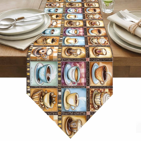 Coffee Cup Table Runner 48 Inches Long Theme Vintage Plaid Patchwork Farmhouse Table Runners for Dining Room Tabletop Dresser Scarf Home Party Banquet Wedding Holiday Decoration
