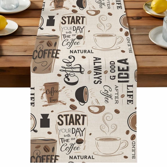 Coffee Cup Table Runner, Coffee Beans Cotton Linen Table Cloth, Linen Background Tablerunner for Kitchen Dining Party Wedding Home Decor 13x36 Inch