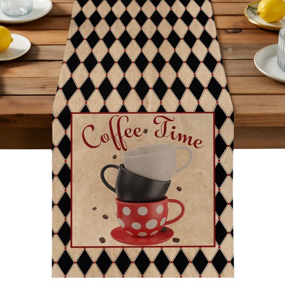 Coffee Cup Table Runner Dresser Scarves, Vintage Brown Coffee Bean Buffalo Plaid Table Runners 36 Inches Long,Non-Slip Washable Kitchen Dining Coffee Table Decor for Farmhouse Party Holiday Dinner