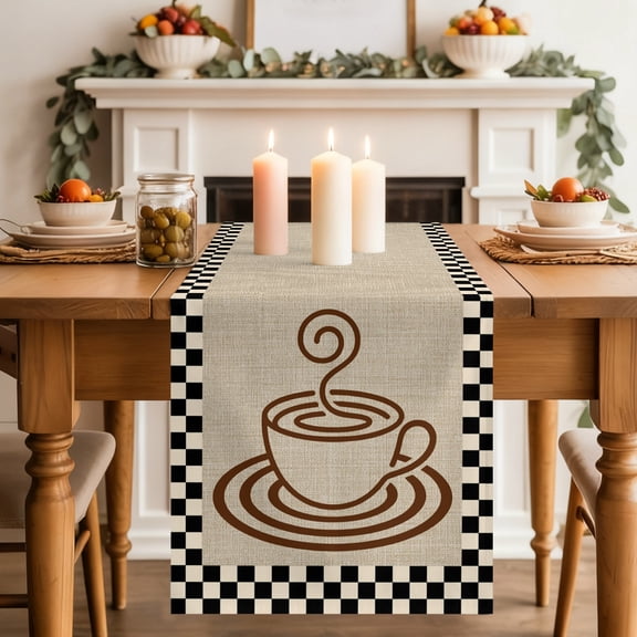 Coffee Cup Table Runner, Retro Country Brown Lines Cup Linen Black Plaid Washable Cotton-linen Table Runners Dining Kitchen Decoration for Everyday Home Wedding Party Decor, 13 x 36 Inch