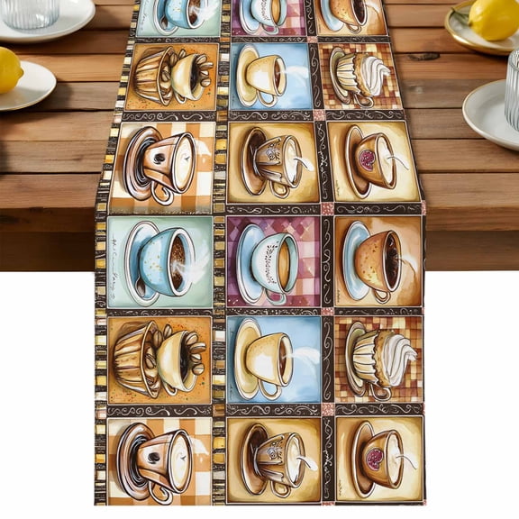 Coffee Cup Table Runner, Theme Vintage Plaid Patchwork Farmhouse Cotton Linen Table Cloth, Tablerunner for Kitchen Dining Party Wedding Home Decor 13x36 Inch