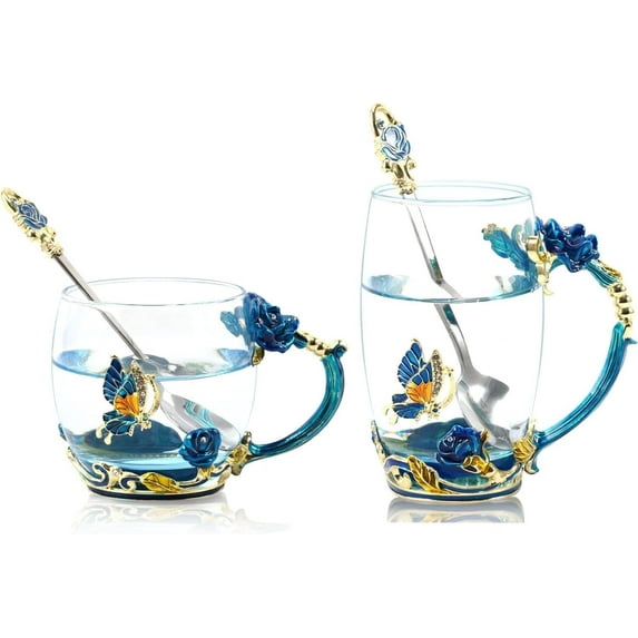 Coffee Cup Tea Mug with Spoon Set Handmade Enamel Butterfly Flower for Women (2 Pack)