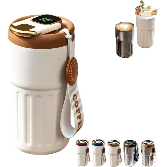 Coffee Cup With Temperature Display, Portable Reusable Stainless Steel Coffee Cup, 450ml Large Capacity Hot and Cold Bottle, Leak-Proof Lid, Easy to Clean, for Travel Car Office (White Brown)