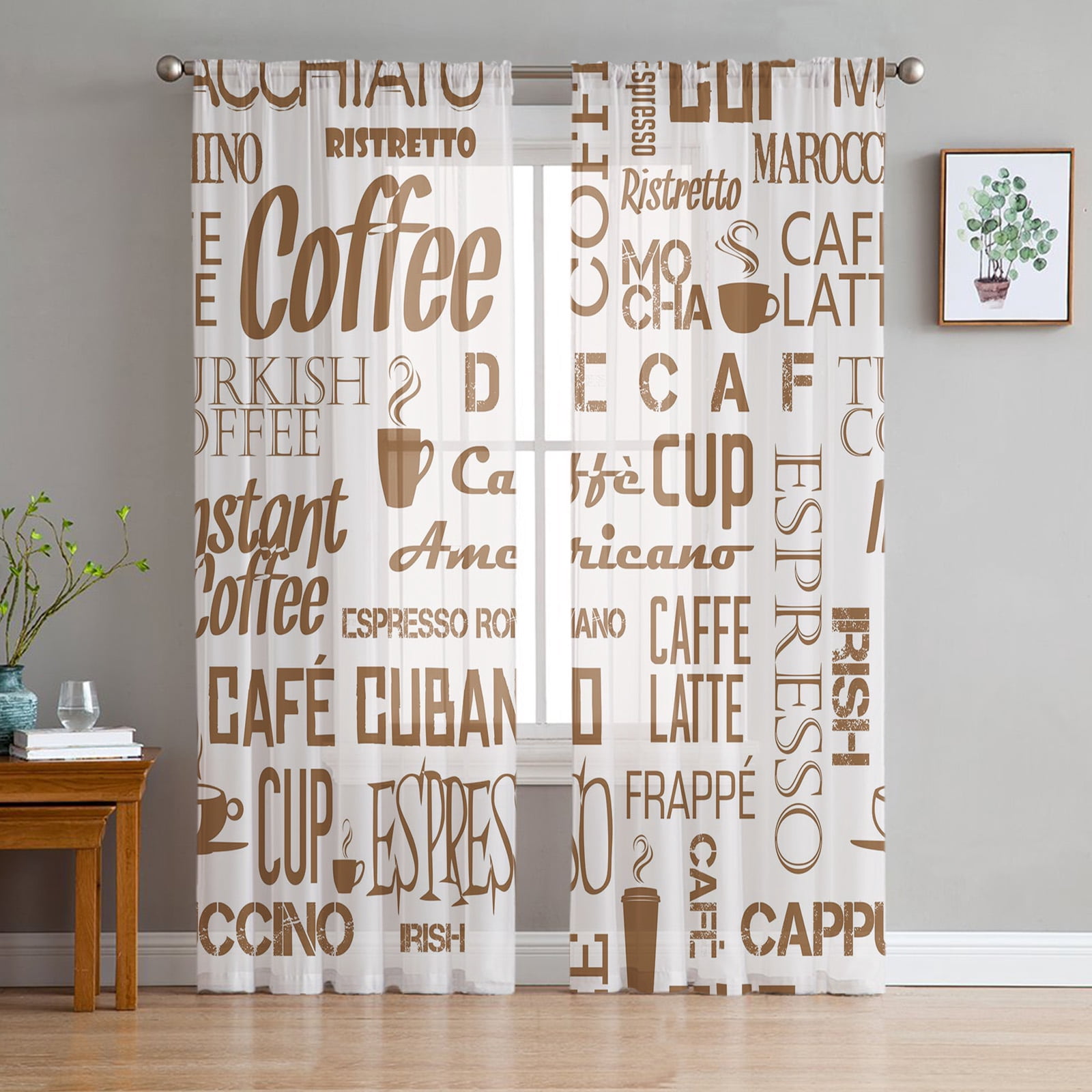 Transparent Rations Coffee Cup Text Brown Beans Tulle Curtains for Living Room Bedroom ...