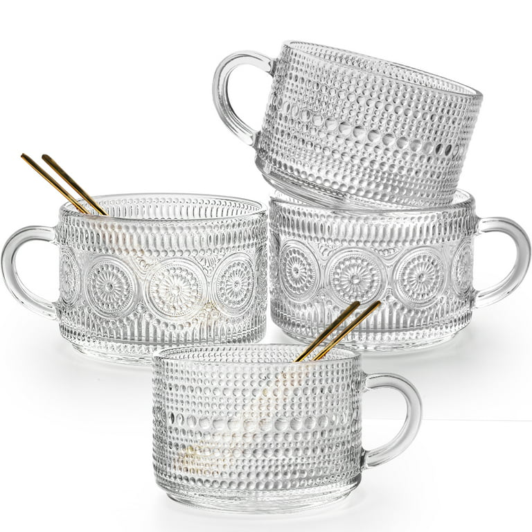 Coffee Cup Vintage Glass Mugs 14 Ounces Set of 4 Embossed Tea Cups  Stackable with Four Spoons for Cereal, Yogurt, Latte, Clear Breakfast Cups  for Hot or Cold Beverages (2*Flower+2*Beads) 