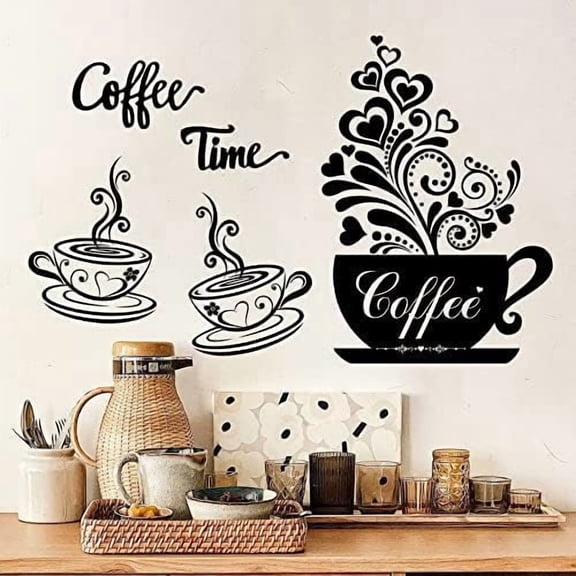 Vinyl Wall Decals - Kitchen Decor Stickers - Black Coffee & Tea Signs - Flower Wall Art - Removable DIY Coffee Sayings - Home Cafe Shop Bar Pub Office