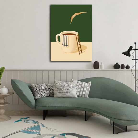 Coffee Cup Wall Art, Surreal Minimal Print, Diver Artwork for Kitchen Decor, Vertical Modern Art, Beige & Green Coffee Poster Decor, Size 8x12 UNFFRAMED F03.1.8l1713