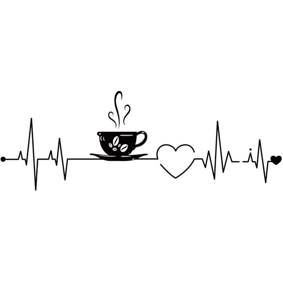 Coffee Cup Wall Stickers Vinyl Coffee Cup Electrocardiogram Wall Art Decals Cute Coffee Wall Sticker for Kitchen Coffee Bar Cafe Wall Decoration