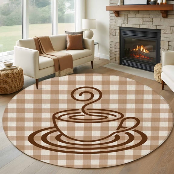 Coffee Cup Washable Round Area Rug 7 ft, Retro Country Brown Lines Cup Brown Plaid , Soft Non Slip Rugs Stain Repellent Indoor Felt Carpet for Living Dining Room Bedroom Home Office