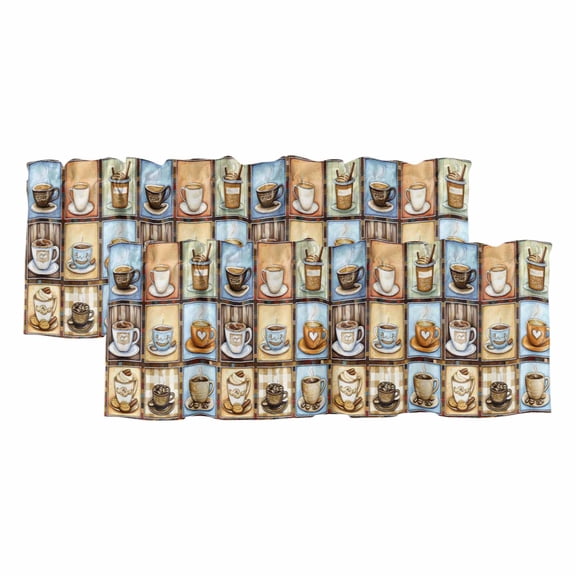 Coffee Cup Window Valance, Theme Retro Plaid Patchwork Farmhouse 2 Pack Decorative Curtain for Small Windows, Light Filtering Valance with 3” Rod Pocket, 42"W x 12"L