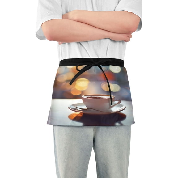 Coffee Cup on Table Server Apron with 3 Pockets Waterproof Waitress Waist Short Apron for Man Woman 12 Inches