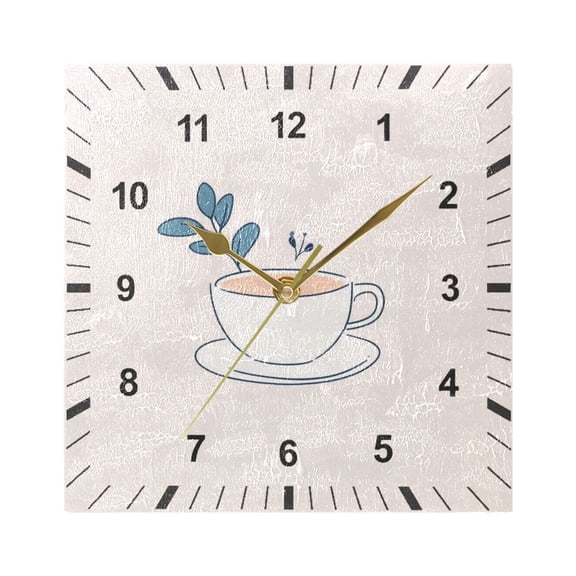 Coffee Cup with Left Wall Clock Battery Operated Silent Non-Ticking Bedroom Office Kitchen Home School Decor 7.8"(Gold)