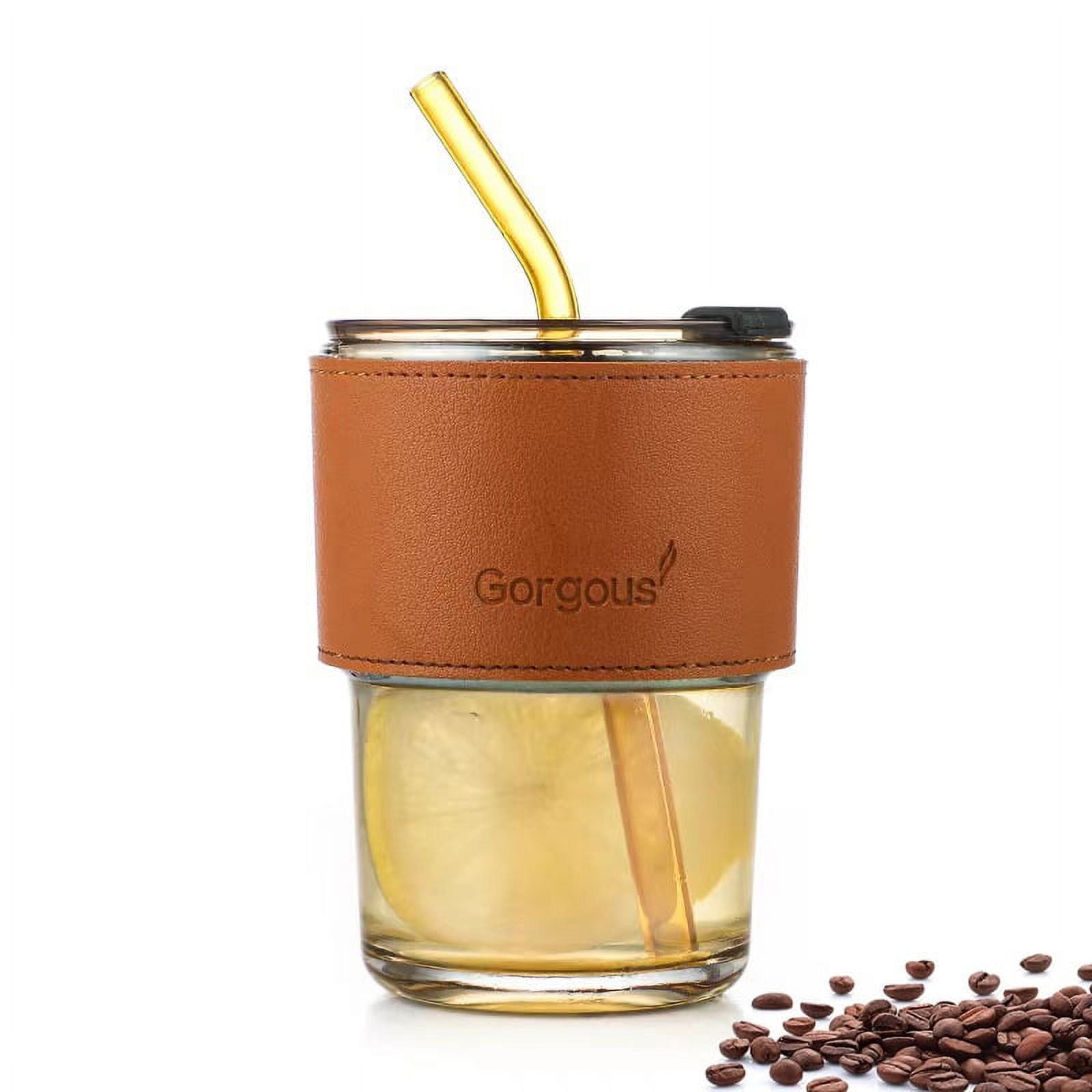 cosnou 13OZ/400ML Ice Coffee Glass Tumbler with Straw and Lid Sealed Carry  On, Thick Wall Water Glass Cup Mug Tea （Amber） 2 Pack