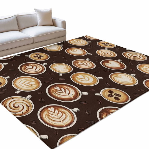 Coffee Cups 5x7ft Non Slip Area Rug Country Coffee Beans Latte Dark Brown Washable Soft Area Rugs for Living Room, Indoor Circle Carpet for Bedroom Dining Room Kitchen