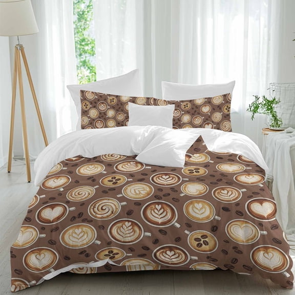 Coffee Cups Comforter Set Full Size, Country Coffee Beans Latte Brown Soft Bedding Set for Man Woman, 4 Pieces Duvet Cover Set with Fitted Sheet, 2 Pillowcases