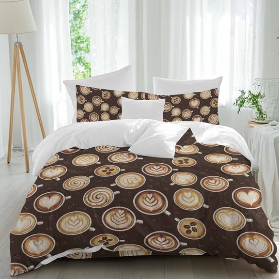 Coffee Cups Comforter Set Full Size, Country Coffee Beans Latte Dark Brown Soft Bedding Set for Man Woman, 4 Pieces Duvet Cover Set with Fitted Sheet, 2 Pillowcases