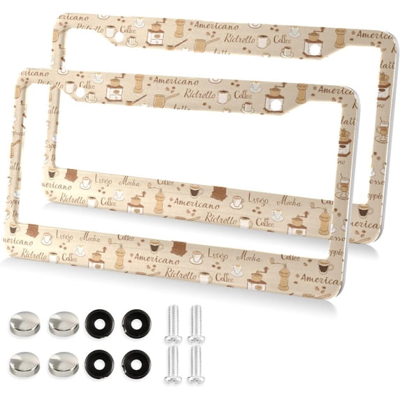 Coffee Cups License Plate Frame - 2 Pack Universal Stainless Steel License Plate Holder with Screws & Chrome Caps, 2 Holes Car License Plate Cover for US Vehicles Decorative
