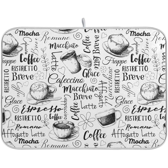 Coffee Cups Print Dish Drying Mat for Kitchen Counter Absorbent Microfiber Drying Pad, Medium 16x18 in, Reversible Drainer Mats