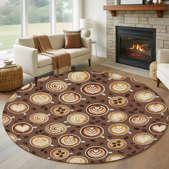 Coffee Cups Round Rugs for Living Room 7ft Country Coffee Beans Latte Brown Non Slip Circle Rug Washable Low-Profile Indoor Carpet for Bedroom, Dining Room, Bathroom