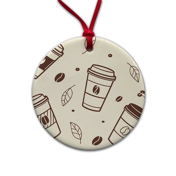 Coffee Cups Scattered Christmas Tree Holiday Round Ceramic Ornament
